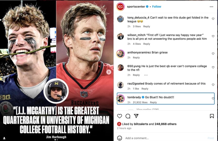 Tom Brady responds to an Instagram post calling J.J. McCarthy the greatest QB in Michigan history.